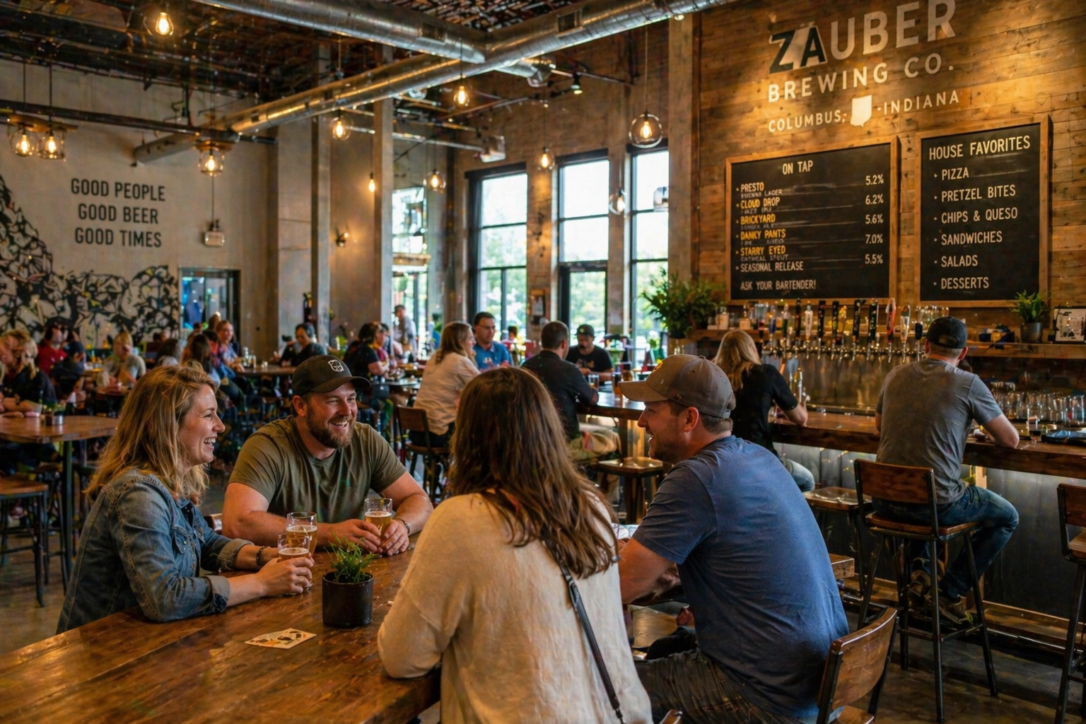 People enjoying food and drinks at a local brewery in Columbus Indiana