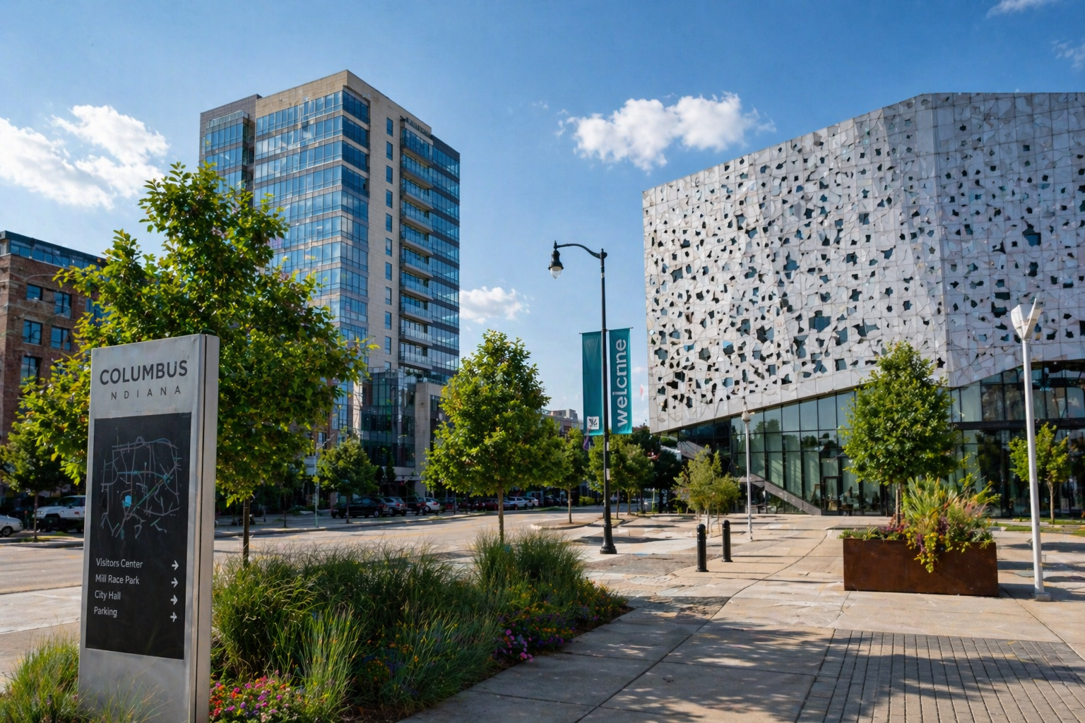 Modern architecture and downtown cityscape in Columbus Indiana