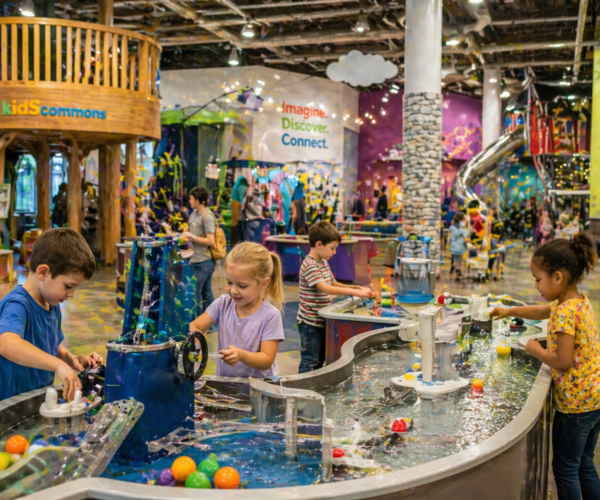 Children playing with interactive exhibits inside kidscommons children’s museum in Columbus Indiana
