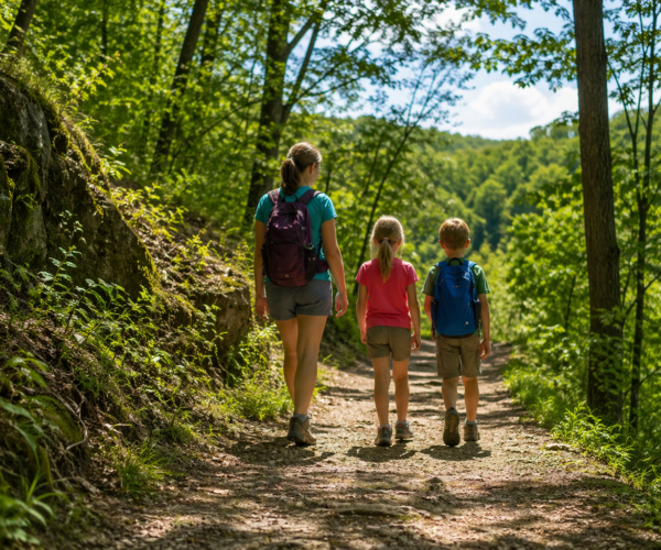 Family walking along a wooded trail near Columbus Indiana