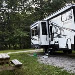 RV campsite surrounded by mature trees at Woods-N-Waters Kampground near Columbus, Indiana.