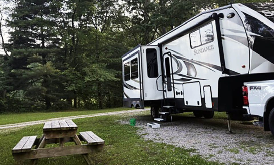 RV campsite surrounded by mature trees at Woods-N-Waters Kampground near Columbus, Indiana.